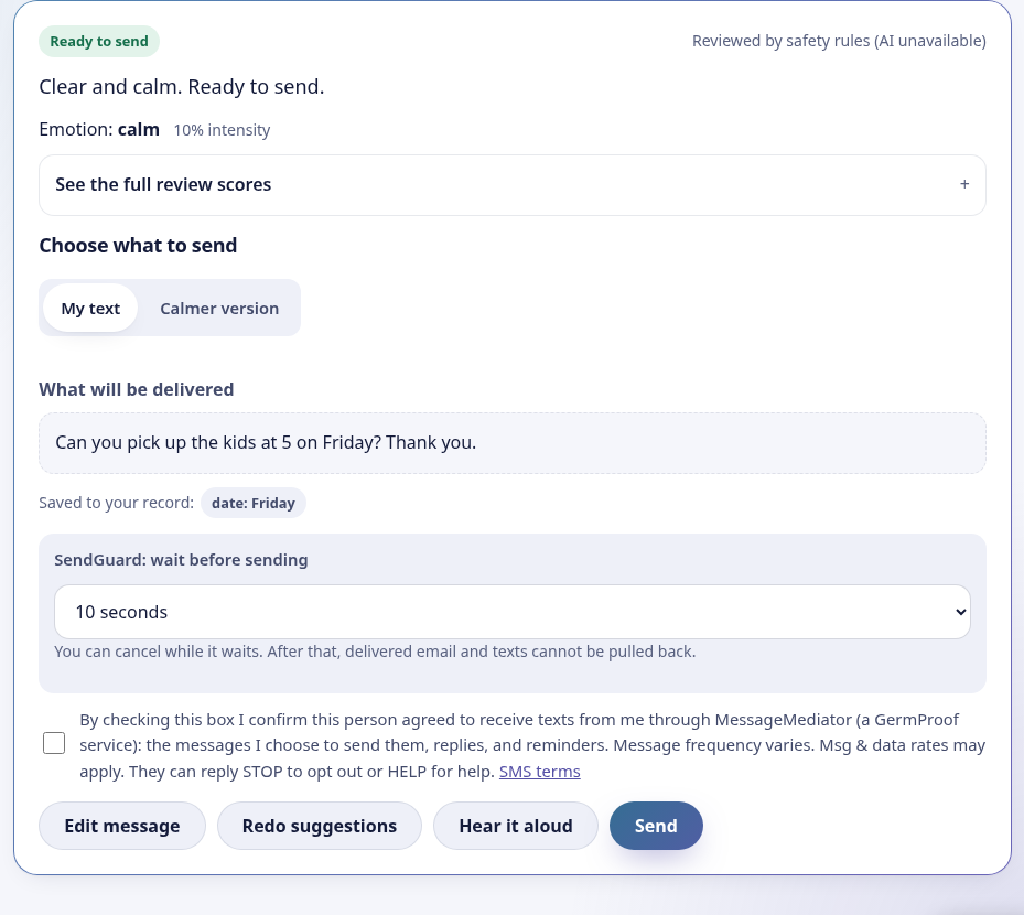 The MessageMediator send screen with the consent checkbox: By checking this box I confirm this person agreed to receive texts from me through MessageMediator (a GermProof service): the messages I choose to send them, replies, and reminders. Message frequency varies. Msg & data rates may apply. They can reply STOP to opt out or HELP for help.